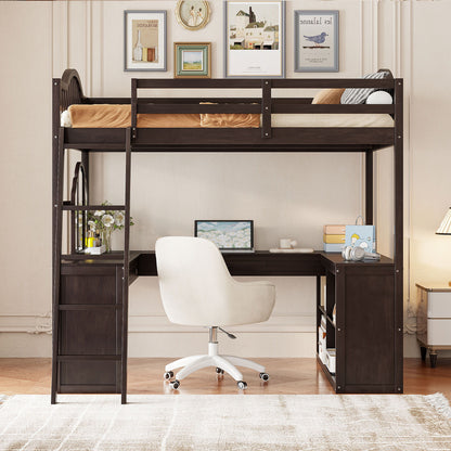 Full Loft Bed With U Shaped Desk, Storage Compartments And Tri Fold Mirror - Espresso