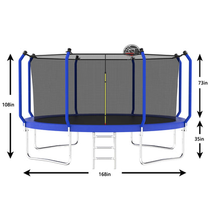 168.11" Trampoline With Basketball Hoop, Astm Approved Reinforced Type Outdoor Trampoline With Enclosure Net - Blue