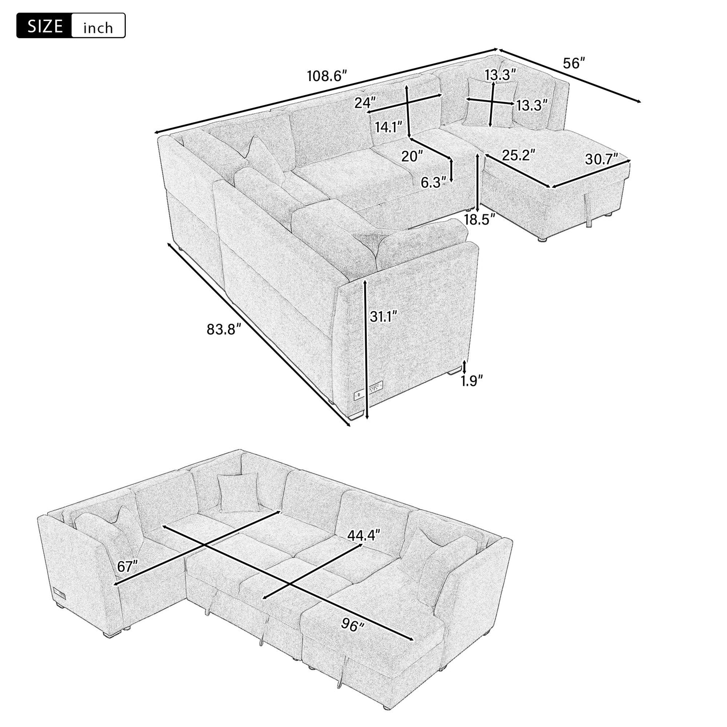 U-Shaped Sectional Sofa Pull Out Sofa Bed With Two USB Ports, Two Power Sockets, Three Back Pillows And A Storage Chaise For Living Room - Black