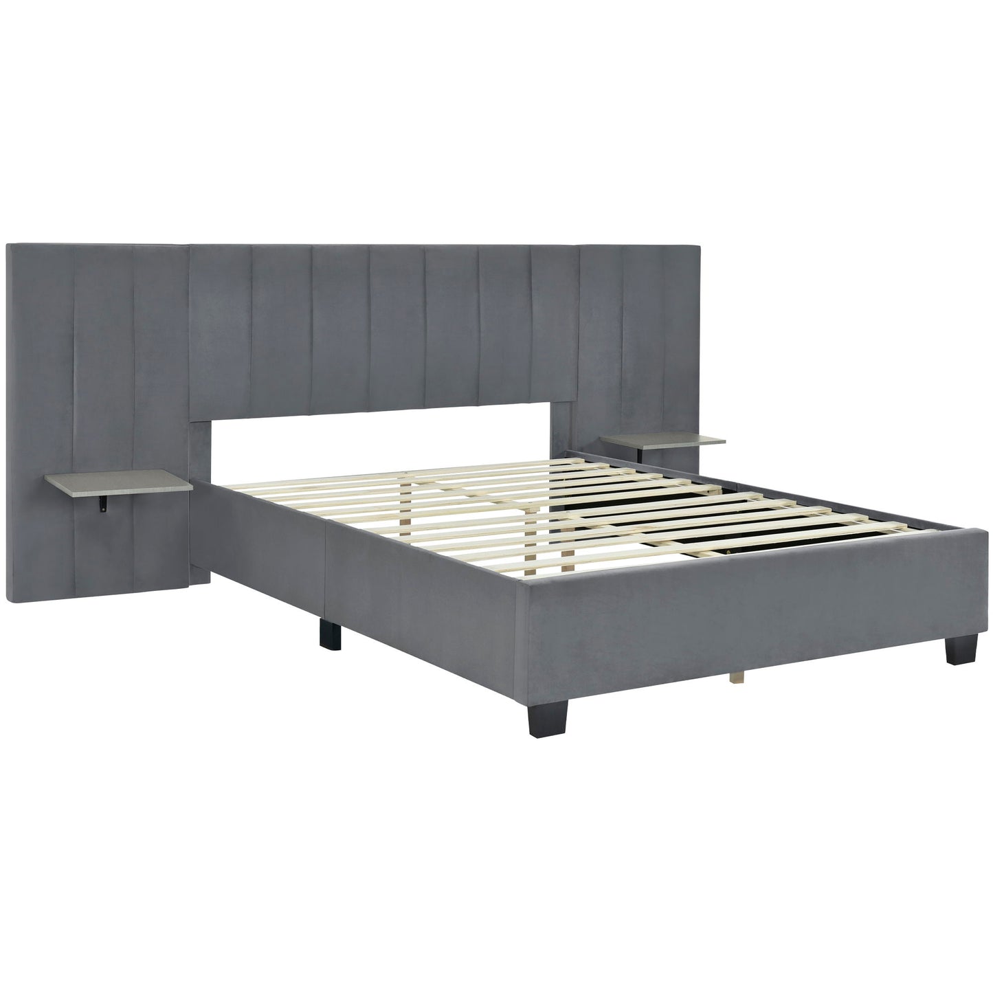 Queen Size Upholstered Platform Bed With Big Headboard - Gray