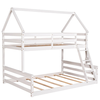 Twin Over Full House Bunk Bed With Built-In Ladder - White