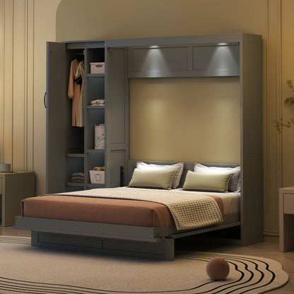 Full Size Murphy Wall Bed With Shelves, Wardrobe And LED Lights - Gray