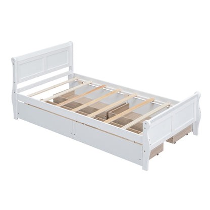 Twin Size Platform Bed With 4 Drawers And Streamlined Headboard & Footboard - White