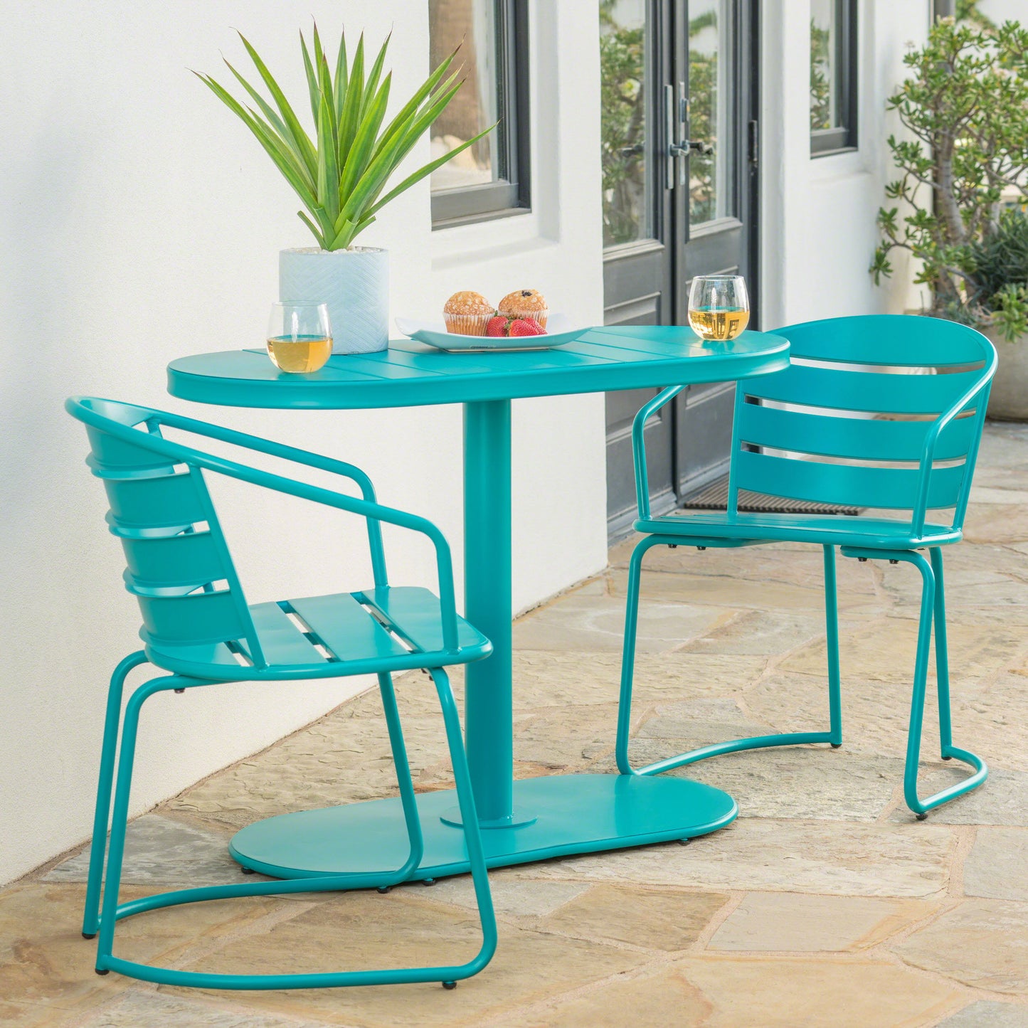 3 Piece Elegant Outdoor Bistro Set With 2 Chairs And Oval Table - Teal