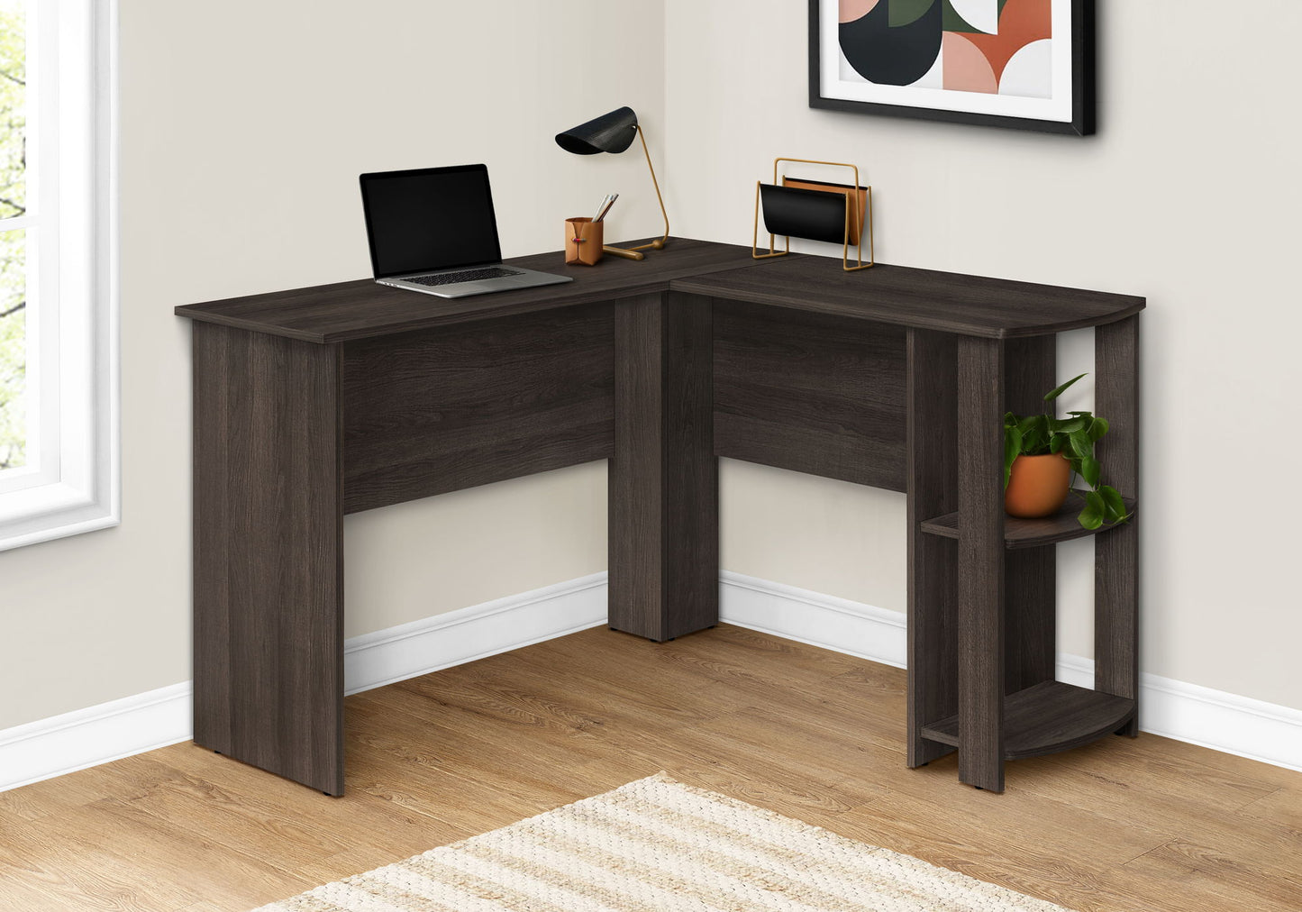 Computer Desk, Home Office, Corner, Storage Shelves, L Shape, Laptop, Contemporary & Modern - Oak