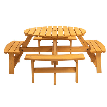 8 Person Wooden Picnic Table, Outdoor Camping Dining Table With Seat, Garden, Diy With 4 Built-In Benches, 2220Lb Capacity - Natural