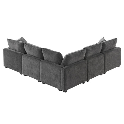 Modern L Shape Modular Sofa, 5 Seat Chenille Sectional Couch Set With 2 Pillows Included, Freely Combinable Indoor Funiture - Black / Gray