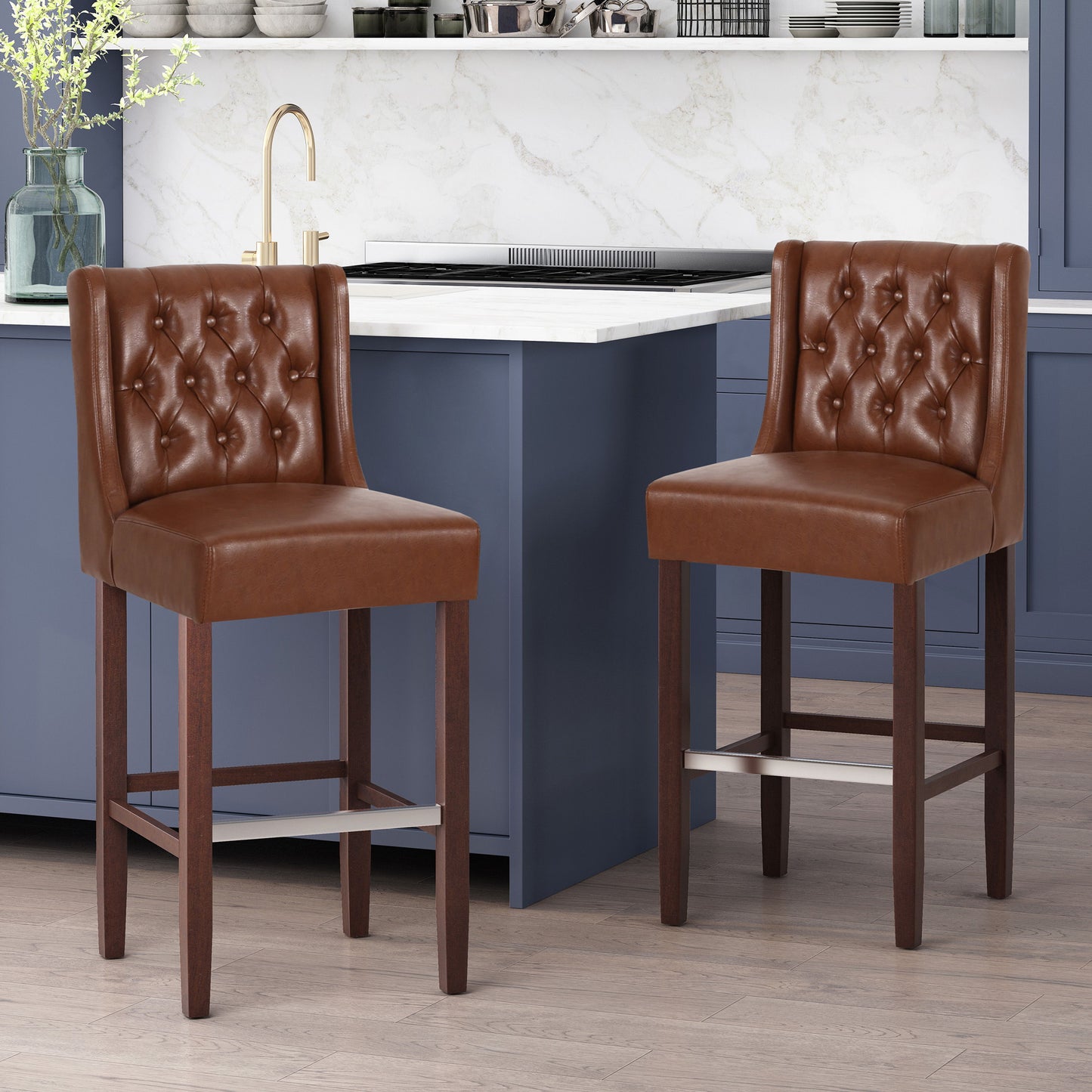 Solstara - Upholstered Leather Dining Barstool With Button Tufted And Wing Back - Light Brown