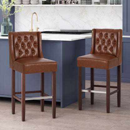 Solstara - Upholstered Leather Dining Barstool With Button Tufted And Wing Back - Light Brown