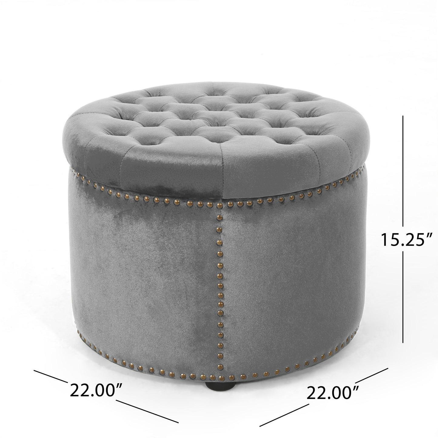 Elegant Round Ottoman Footstool With Velvet Upholstery And Studded Rim - Gray