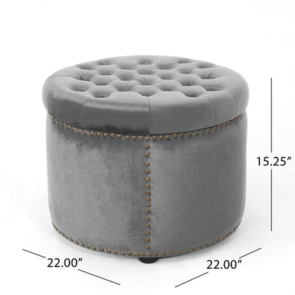 Elegant Round Ottoman Footstool With Velvet Upholstery And Studded Rim - Gray