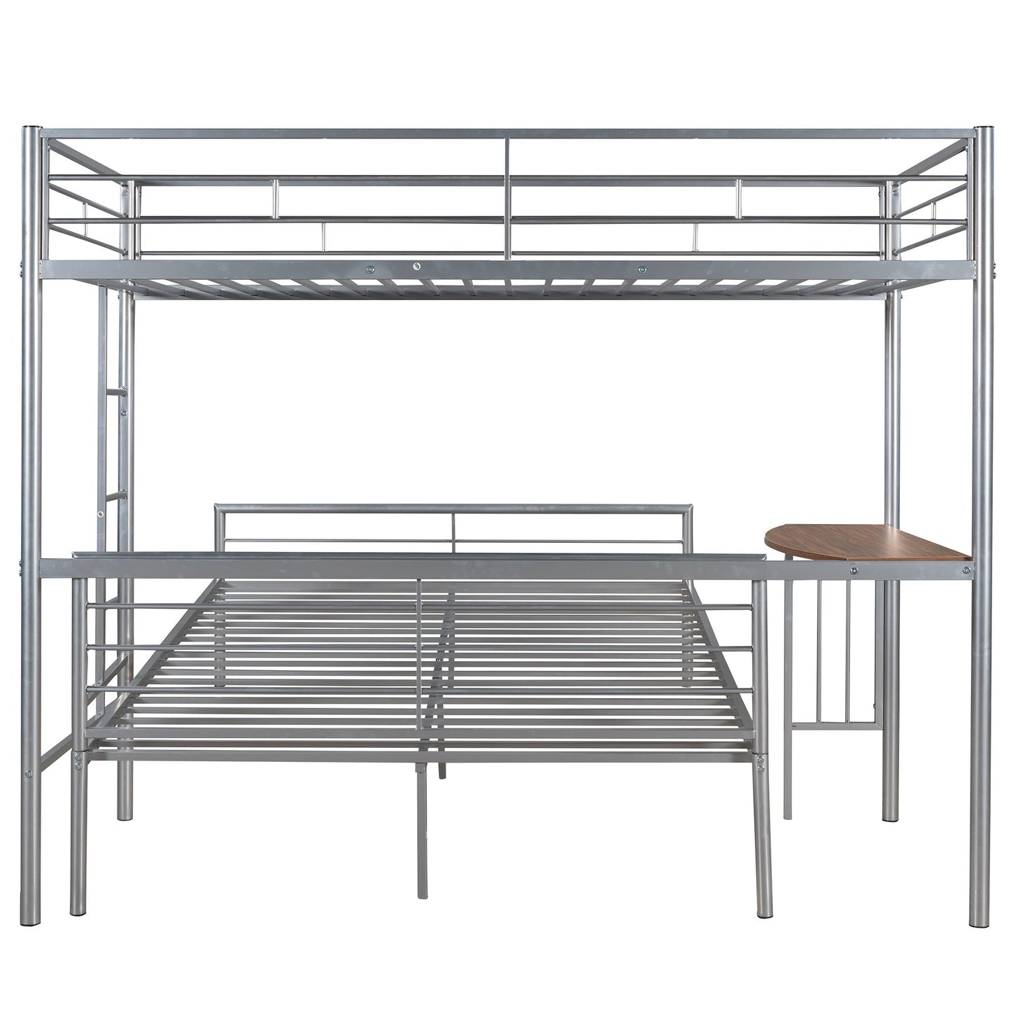 Twin Over Full Bunk Bed With Desk, Ladder And Quality Slats For Bedroom - Silver
