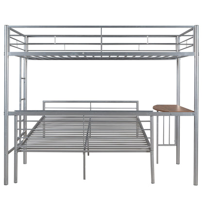 Twin Over Full Bunk Bed With Desk, Ladder And Quality Slats For Bedroom - Silver