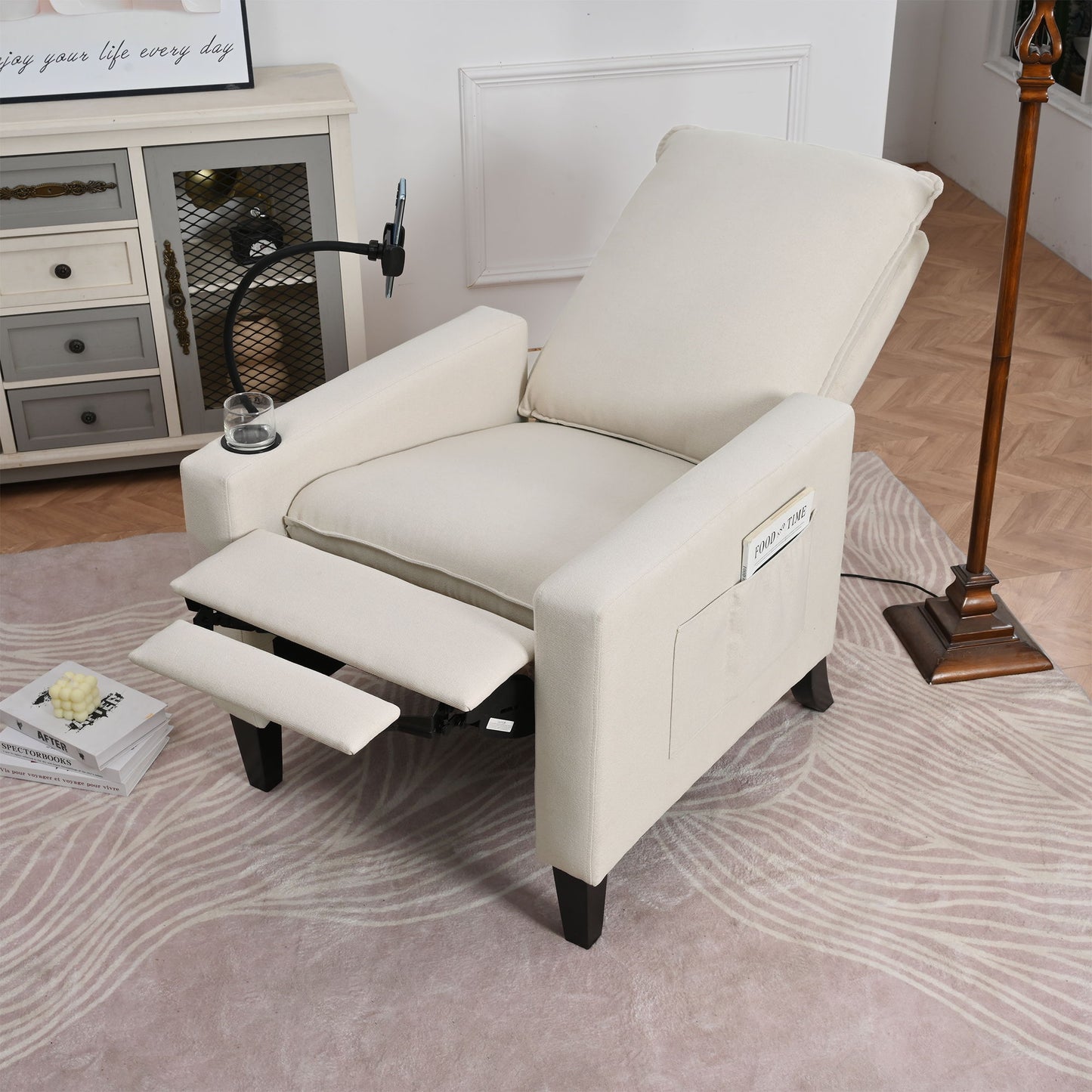 Recliner Chairs For Adults, Adjustable Recliner Sofa With Mobile Phone Holder & Cup Holder, Modern Reclining Chairs Fabric Push Back Recliner Chairs For Living Room, Bedroom - Beige
