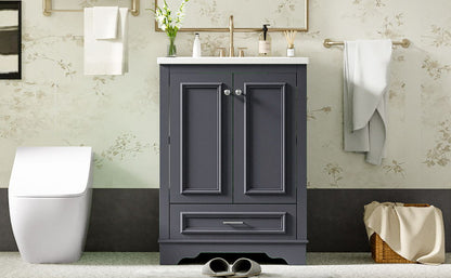 Bathroom Vanity With Ceramic Sink Combo, Modern Freestanding Storage Cabinet With Silver Handles, Soft Closing Doors - Blue Gray