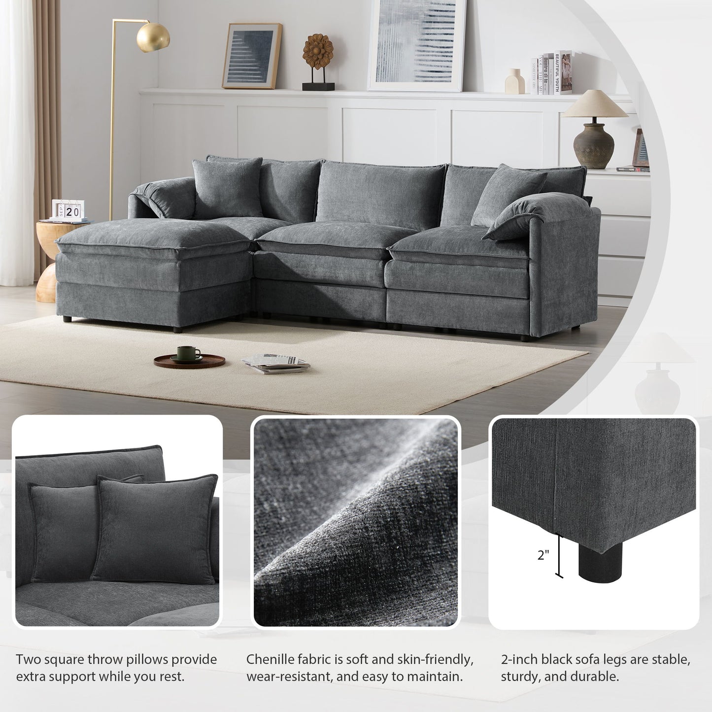 Modular Sectional With Deep And Wide Seat, L Shaped Cloud Couch Set With Double Cushions 4 Seat Sofa With Movable Ottoman Oversized - Dark Gray