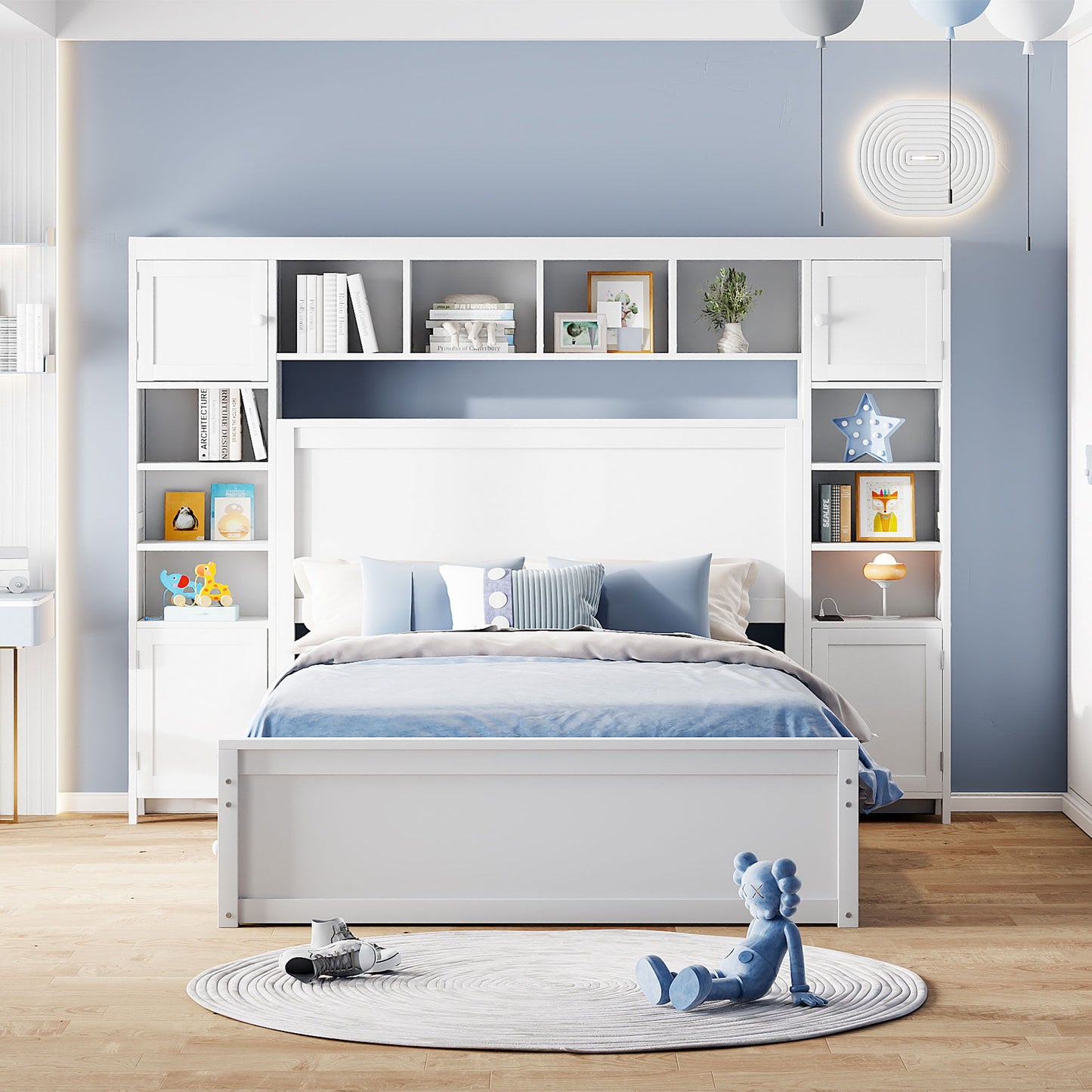 Full Size Bed With All In One Cabinet, Shelf And Sockets, Twin Size Trundle - White