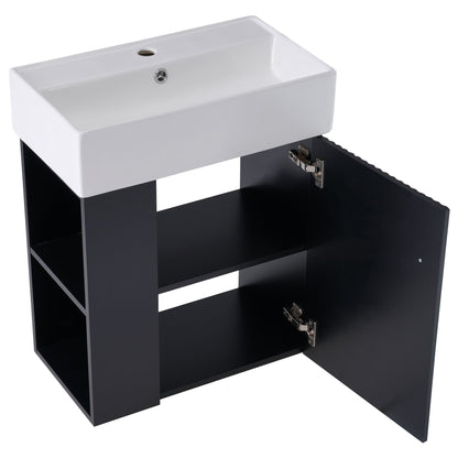 Modern Floating Bathroom Vanity With Ceramic Basin, Perfect For Small Bathrooms, Left Side Storage - Black