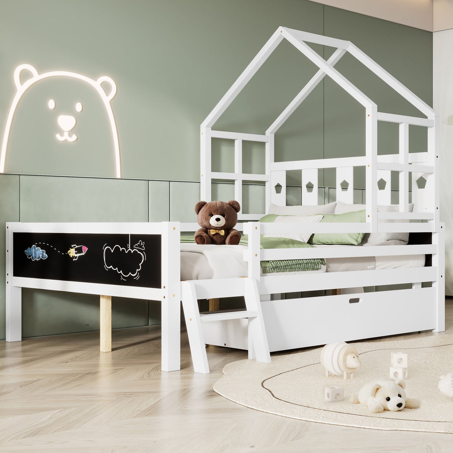 Full Size House Bed With Ladder And Storage Drawers Platform With Blackboard, No Box Spring - White