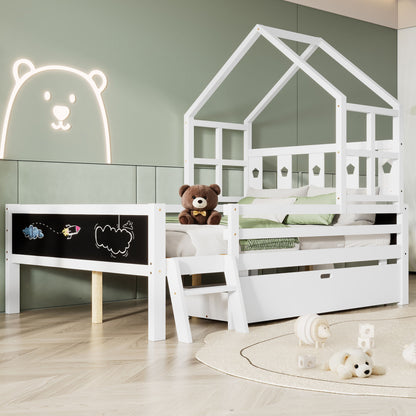 Full Size House Bed With Ladder And Storage Drawers Platform With Blackboard, No Box Spring - White