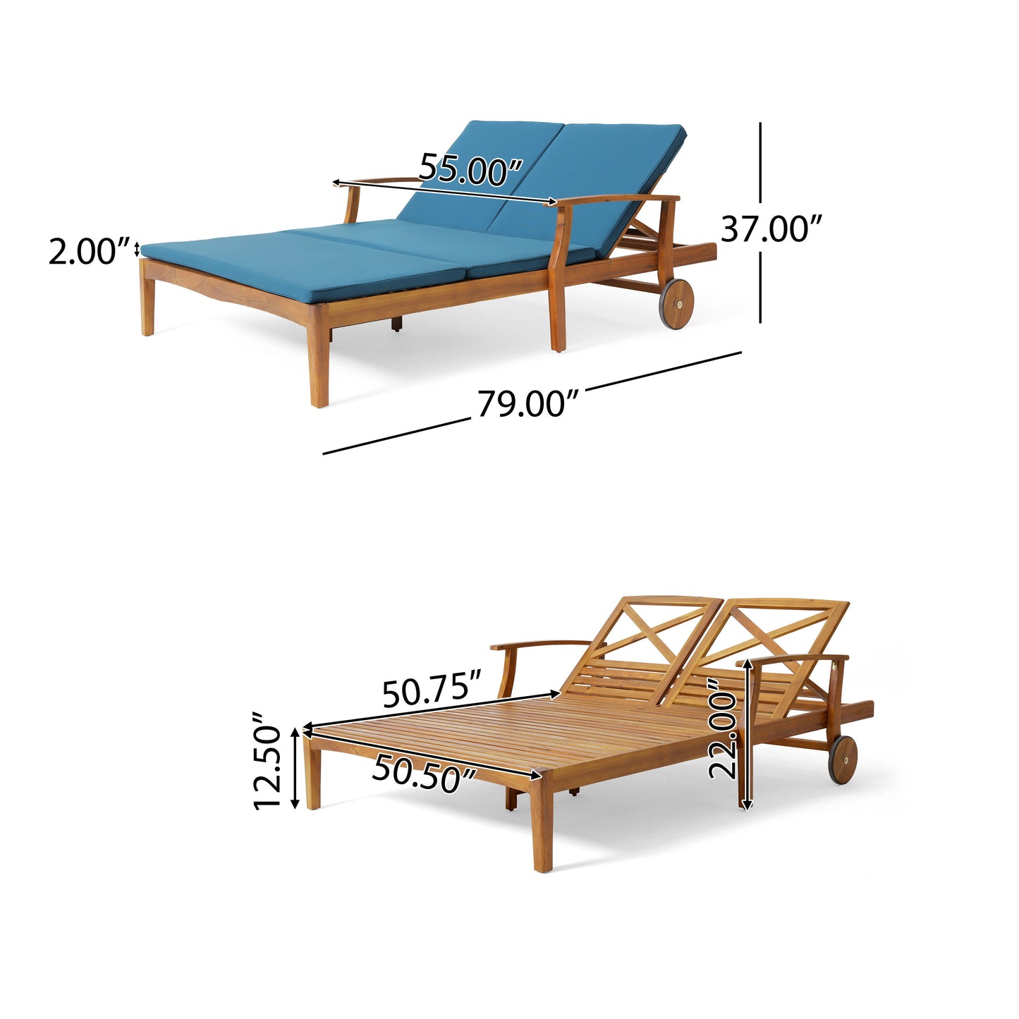 Etherealize - Outdoor Adjustable Double Chaise Lounge With Water Resistant Cushions - Teak / Blue