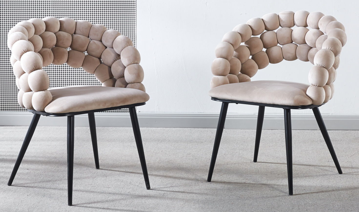 Modern Chair With Golden Color Iron Tube Legs, Soft Cushions And Comfortable Backrest, Suitable For Dining Room, Living Room, Cafe, Hairball Back (Set of 2) - Beige / Black