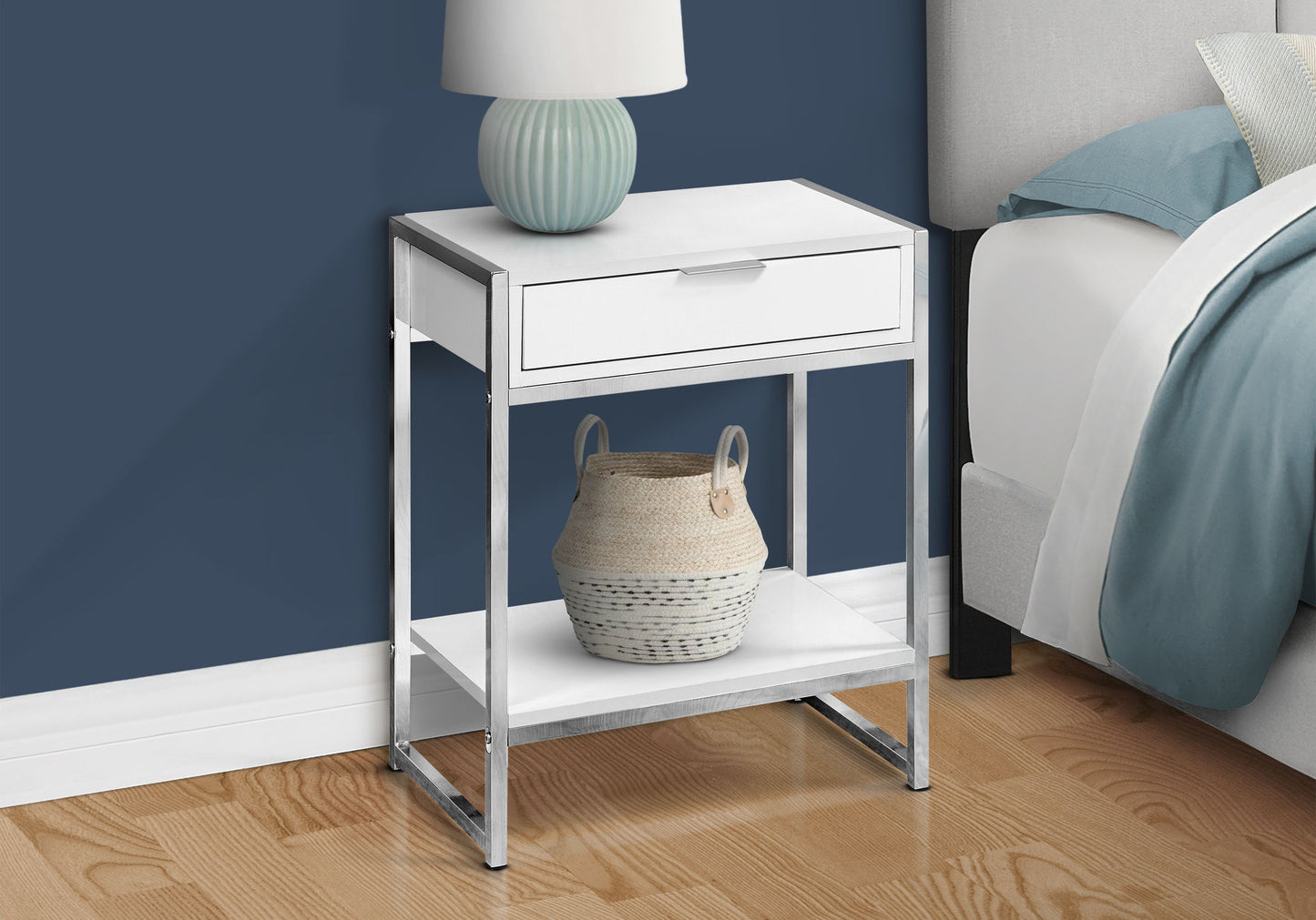 Accent Side Table, Storage Drawer, Glossy Modern - White