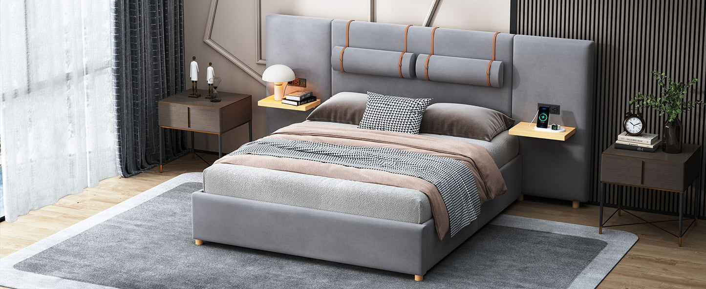 Queen Upholstered Platform Bed, 2 Outlets And USB Charging Ports On Both Sides, 2 Bedside Pillows, Storage Shelves - Gray