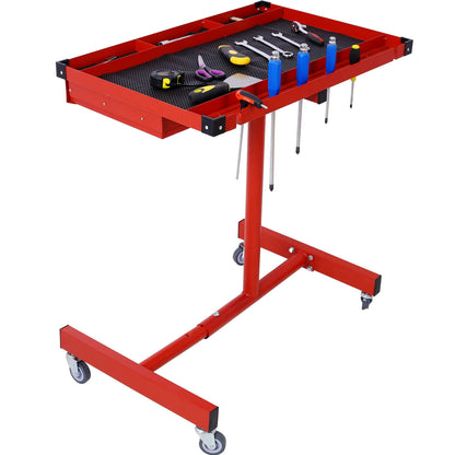 Adjustable Tear Down Work Table With Drawer For Garages, Repair Shops, And Diy, Portable, (4) 2.5" Swivel Casters, 220 Pound Capacity, Rubber Corners, Heavy Duty Steel - Red