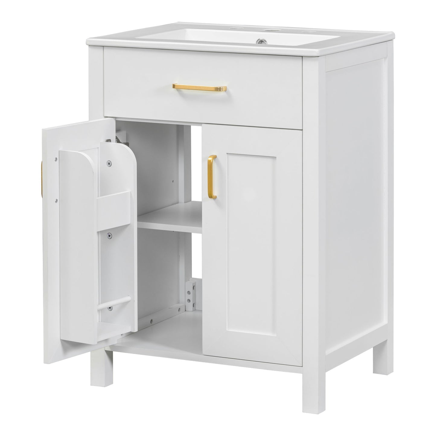 Bathroom Vanity Combo With Ceramic Sink, Luxurious Space-Saving Vanity, 2 Soft-Close Doors - Gold / White