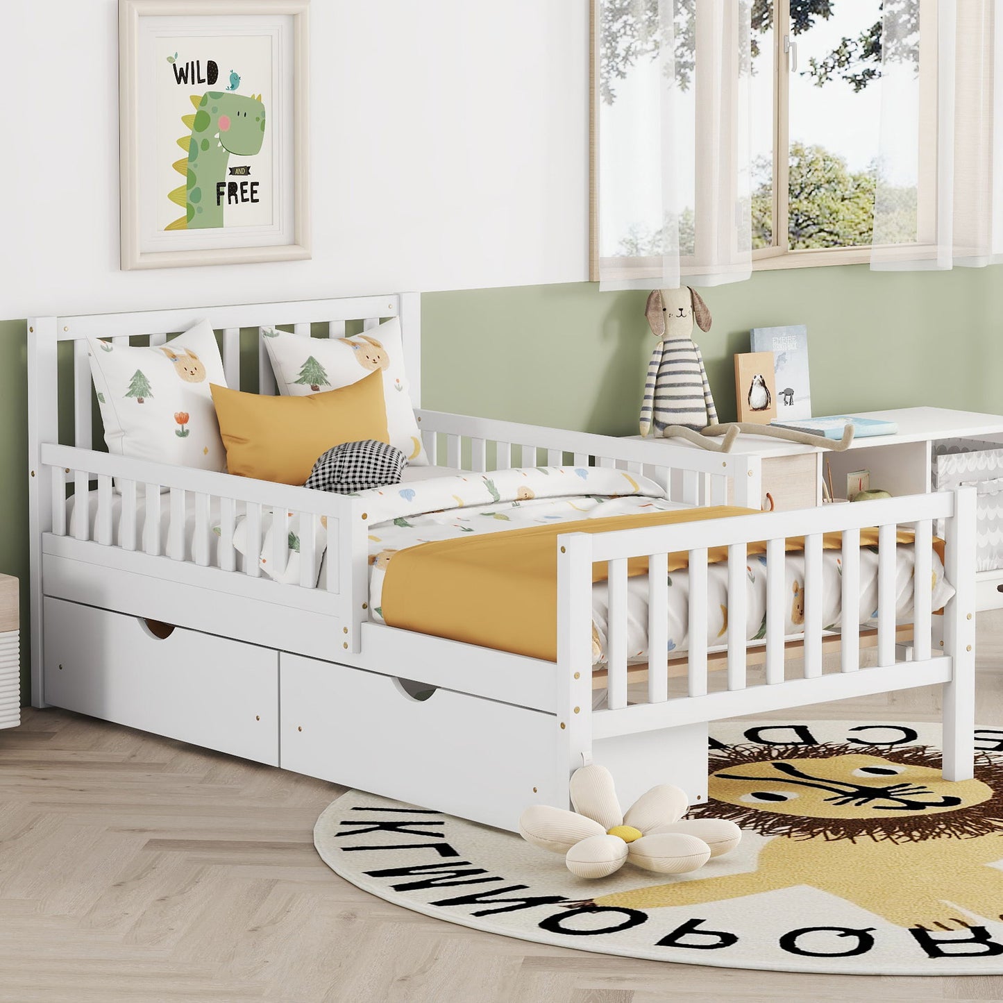 Twin Size Platform Bed With Guardrails On Both Sides And 2 Storage Drawers - White