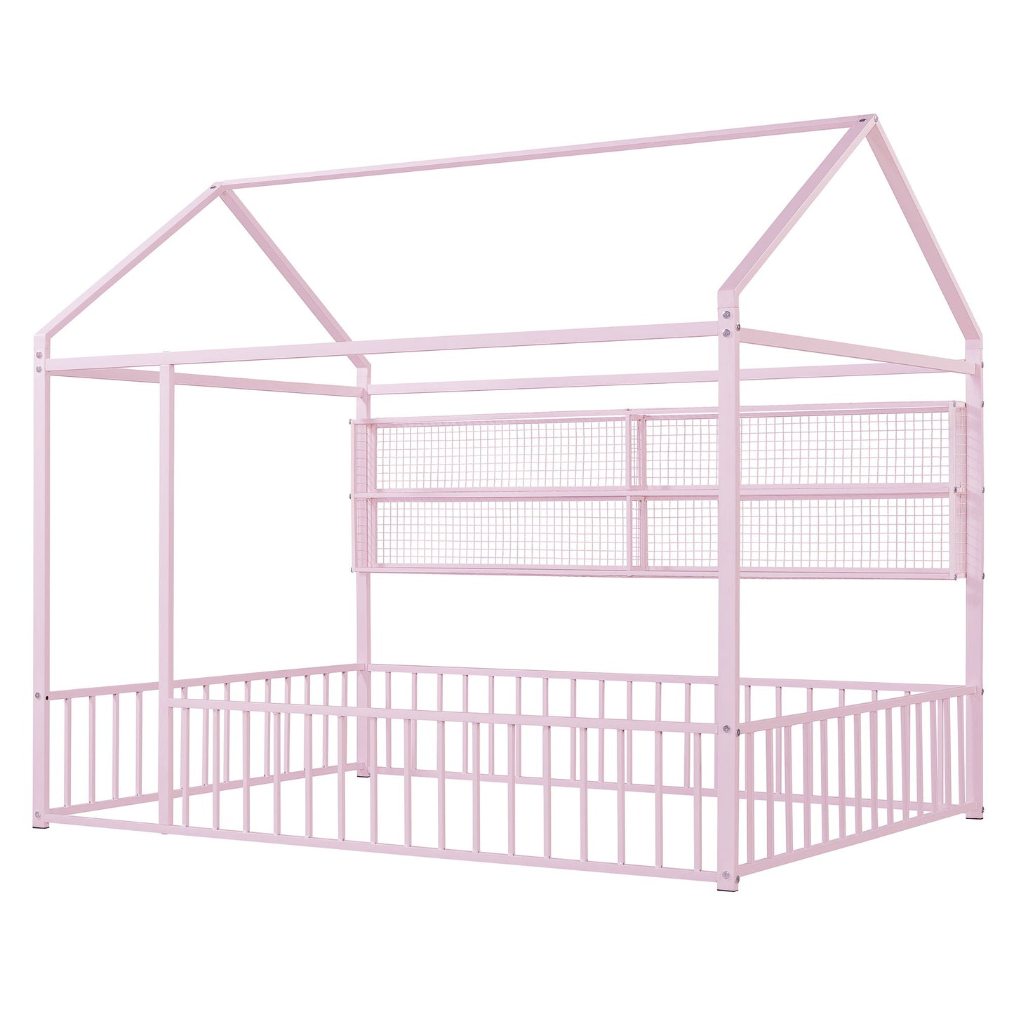Full Size Bed House Frame With Fence And Shelves - Pink