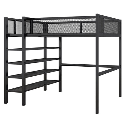 Full Size Loft Bed With 4 Tier Shelves And Storage - Black