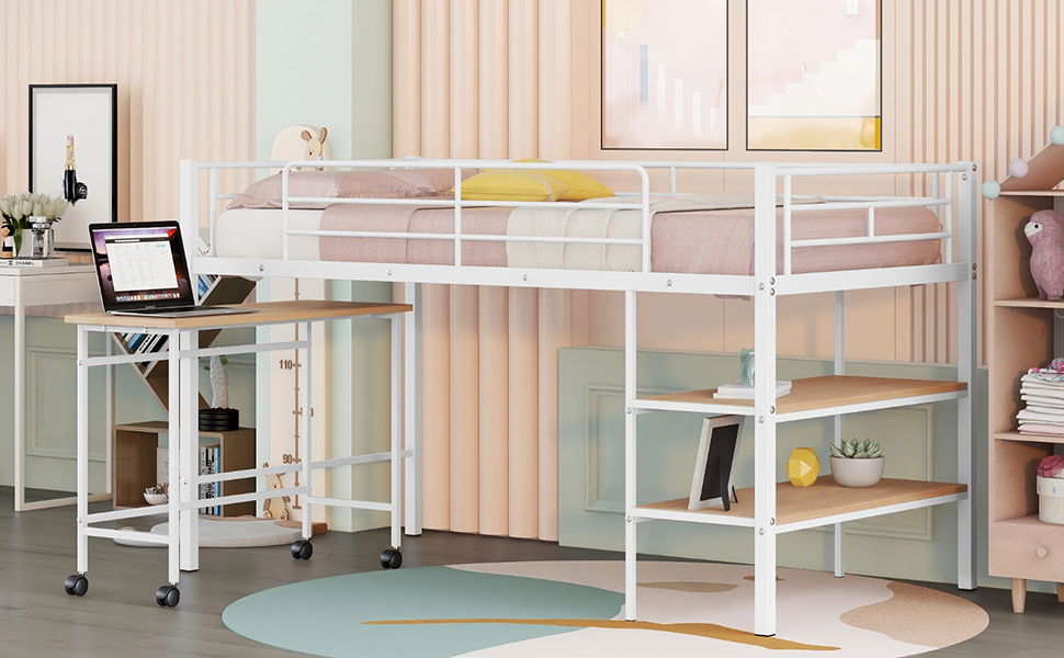 Twin Size Loft Bed With Desk And Shelves - White