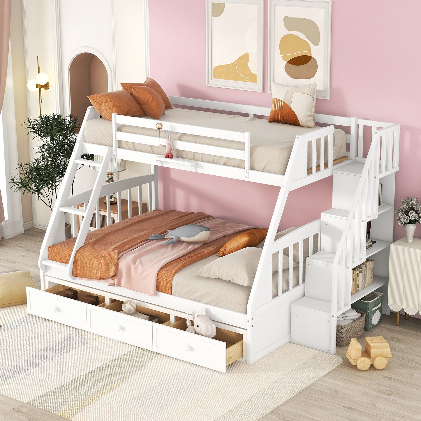 Twin Over Full Bunk Bed With Drawers, Ladder And Storage Staircase - White