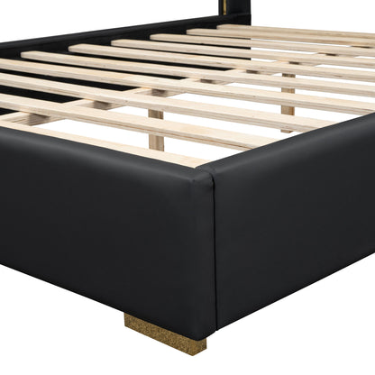 Full Size Upholstered Platform Bed With Strips - Black