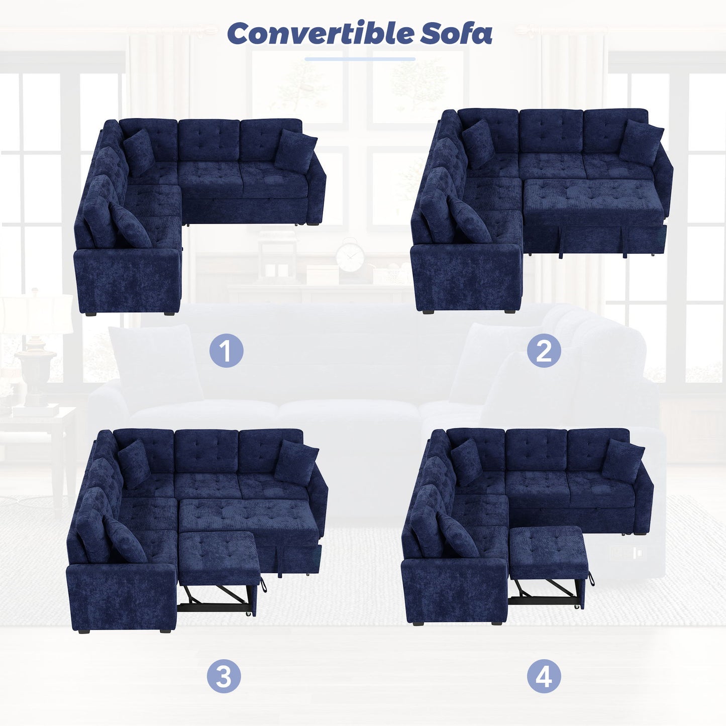 L-Shape Sofa Bed Pull-Out Sleeper Sofa With Wheels, USB Ports, Power Sockets For Living Room - Navy Blue