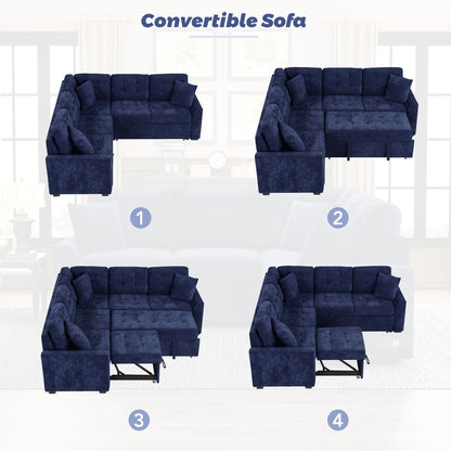 L-Shape Sofa Bed Pull-Out Sleeper Sofa With Wheels, USB Ports, Power Sockets For Living Room - Navy Blue