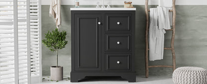 Bathroom Vanity Cabinet With Ceramic Basin, 3 Drawers And Adjustable Shelves - Black