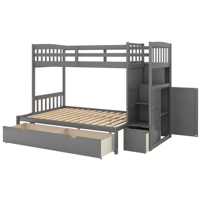 Twin Over Full / Twin Bunk Bed, Convertible Bottom Bed, Storage Shelves And Drawers - Gray