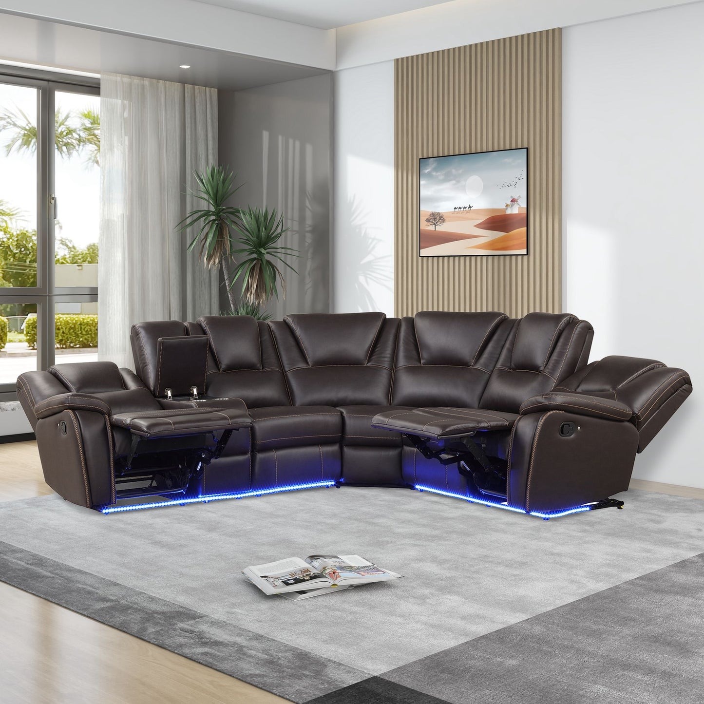 Modern Faux Leather Manual Reclining With Center Console And LED Light Strip, Living Room Furniture Set, Symmetrical Couch With 2 Cup Holders And Storage For Living Room - Brown