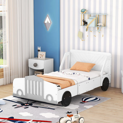 Twin Size Car Shaped Platform Bed With Wheels - White