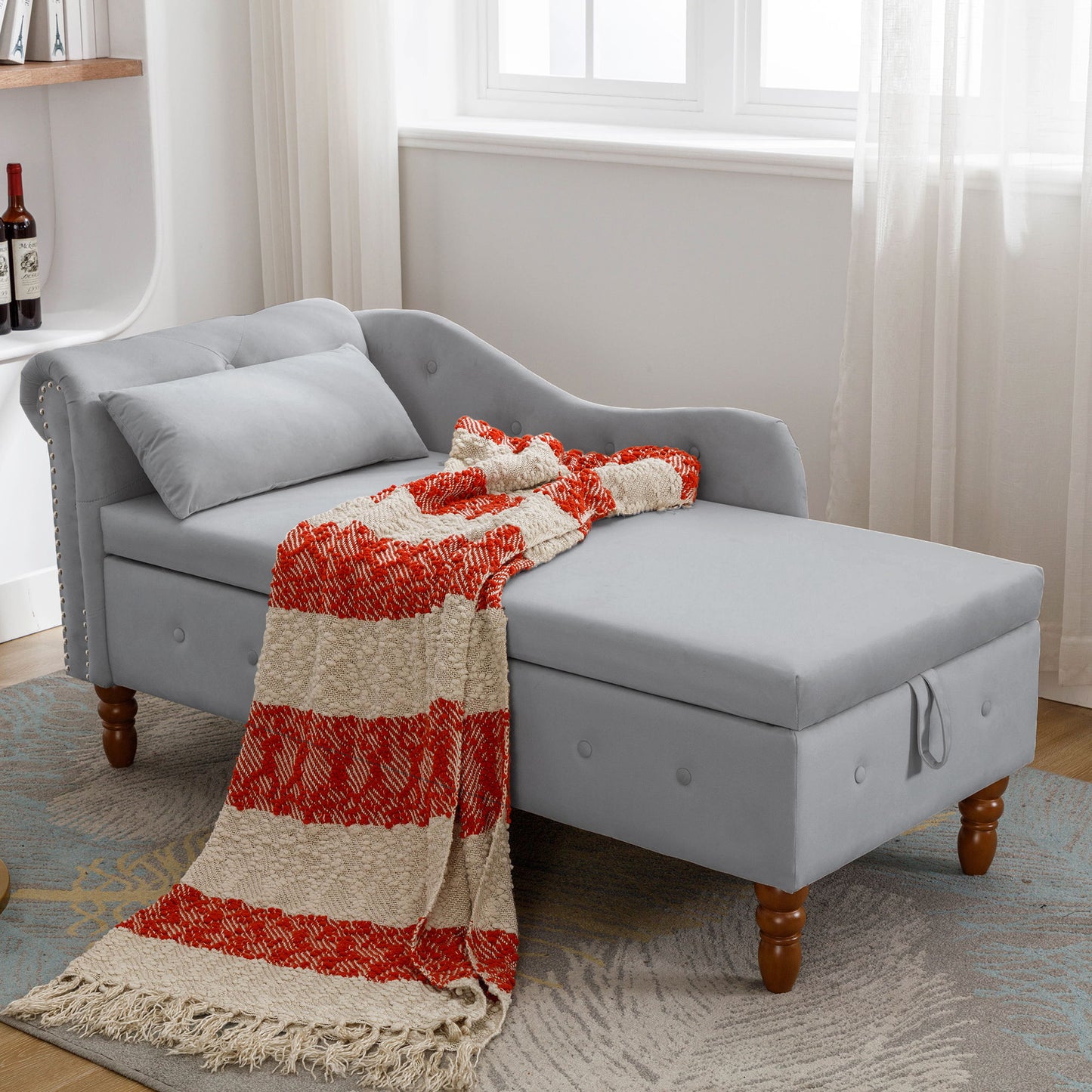 Chaise Lounge Indoor, Velvet Lounge Chair For Bedroom With Storage & Pillow, Modern Upholstered Rolled Arm Chase Lounge For Sleeping With Nailhead Trim For Living Room Bedroom Office - Gray