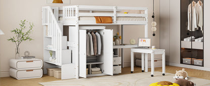 Twin Size Loft Bed With Stairs, Bookshelf, Drawers, Desk & Wardrobe, Space Saving Multifunctional Furniture - White