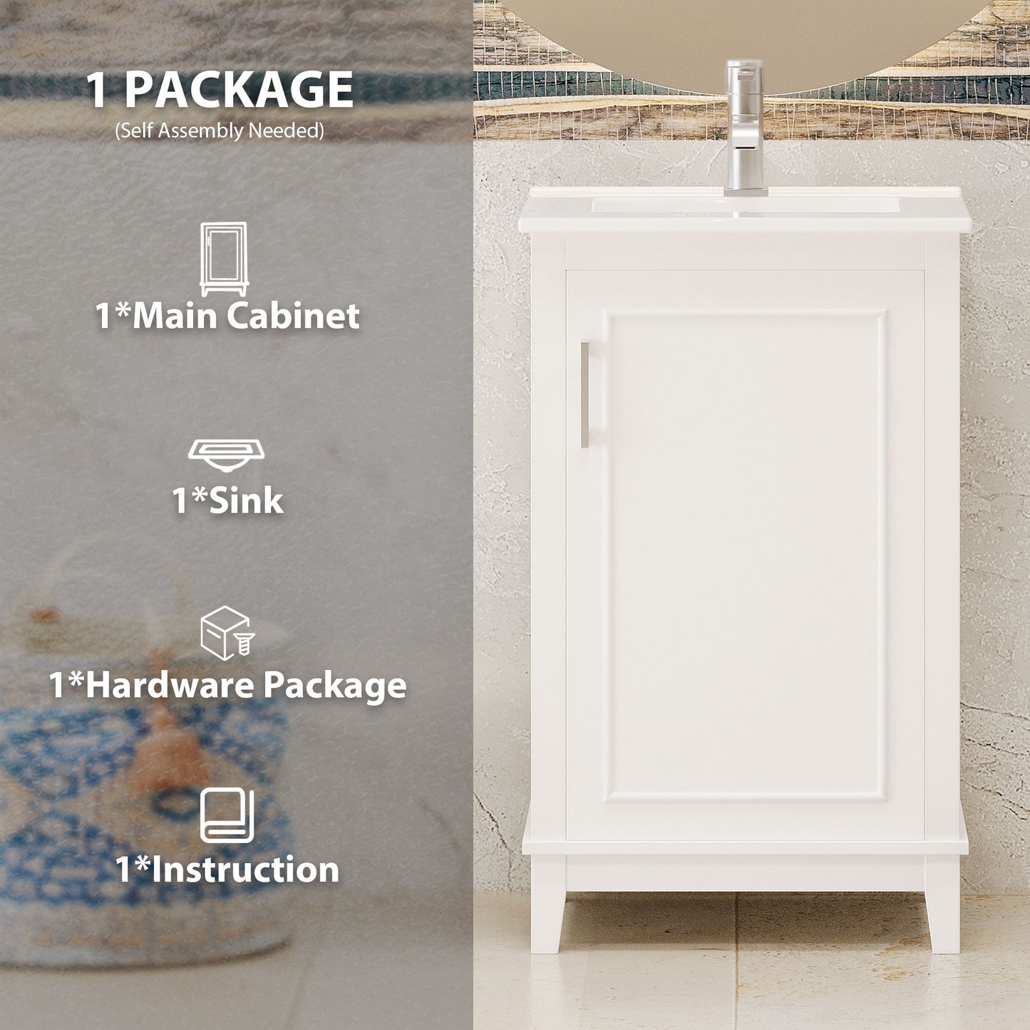 Modern Small Bathroom Vanity Cabinet With Ceramic Basin, Ample Storage, 1 Soft-Close Door - White