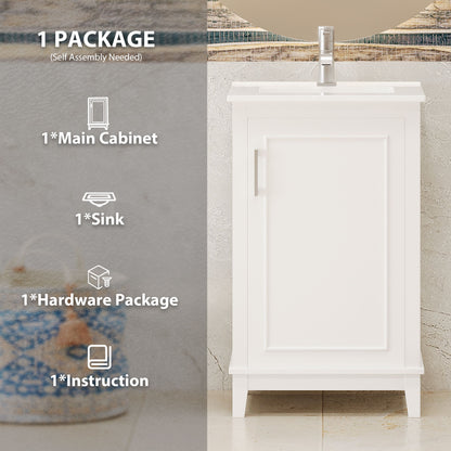 Modern Small Bathroom Vanity Cabinet With Ceramic Basin, Ample Storage, 1 Soft-Close Door - White