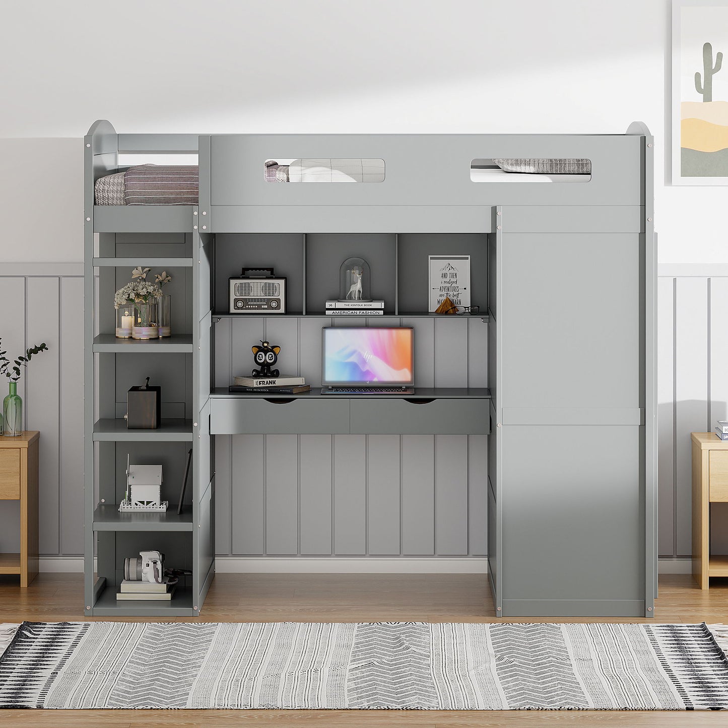Twin Size Loft Bed With Desk, Wardrobes, 4 Drawers And 4 Shelves Construction - Gray