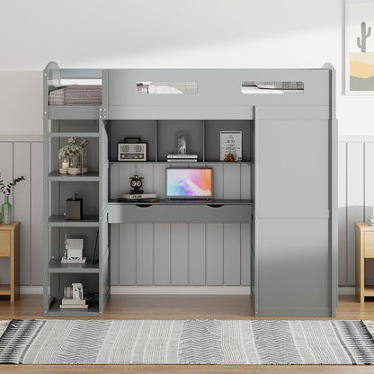 Twin Size Loft Bed With Desk, Wardrobes, 4 Drawers And 4 Shelves Construction - Gray