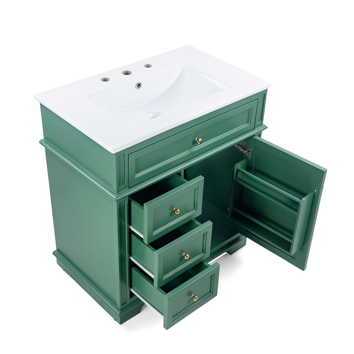30" Bathroom Vanity With Sink, 1 Tip Out Drawer, 3 Drawers, Door Shelf, Soft Closing Door - Green