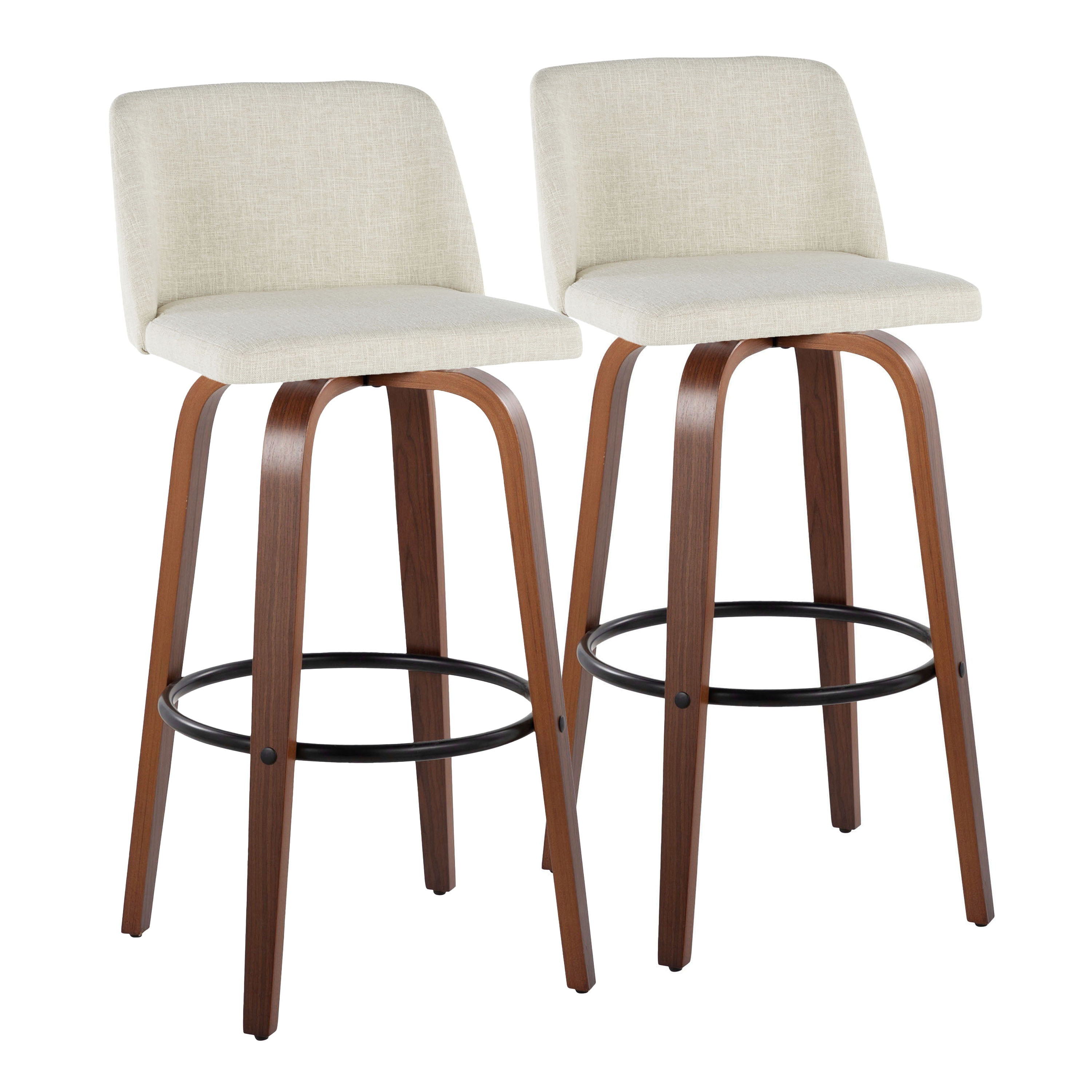 Toriano - Mid-Century Modern Fixed Height Barstool With Swivel With Round Footrest (Set of 2) - Walnut / Cream / Black